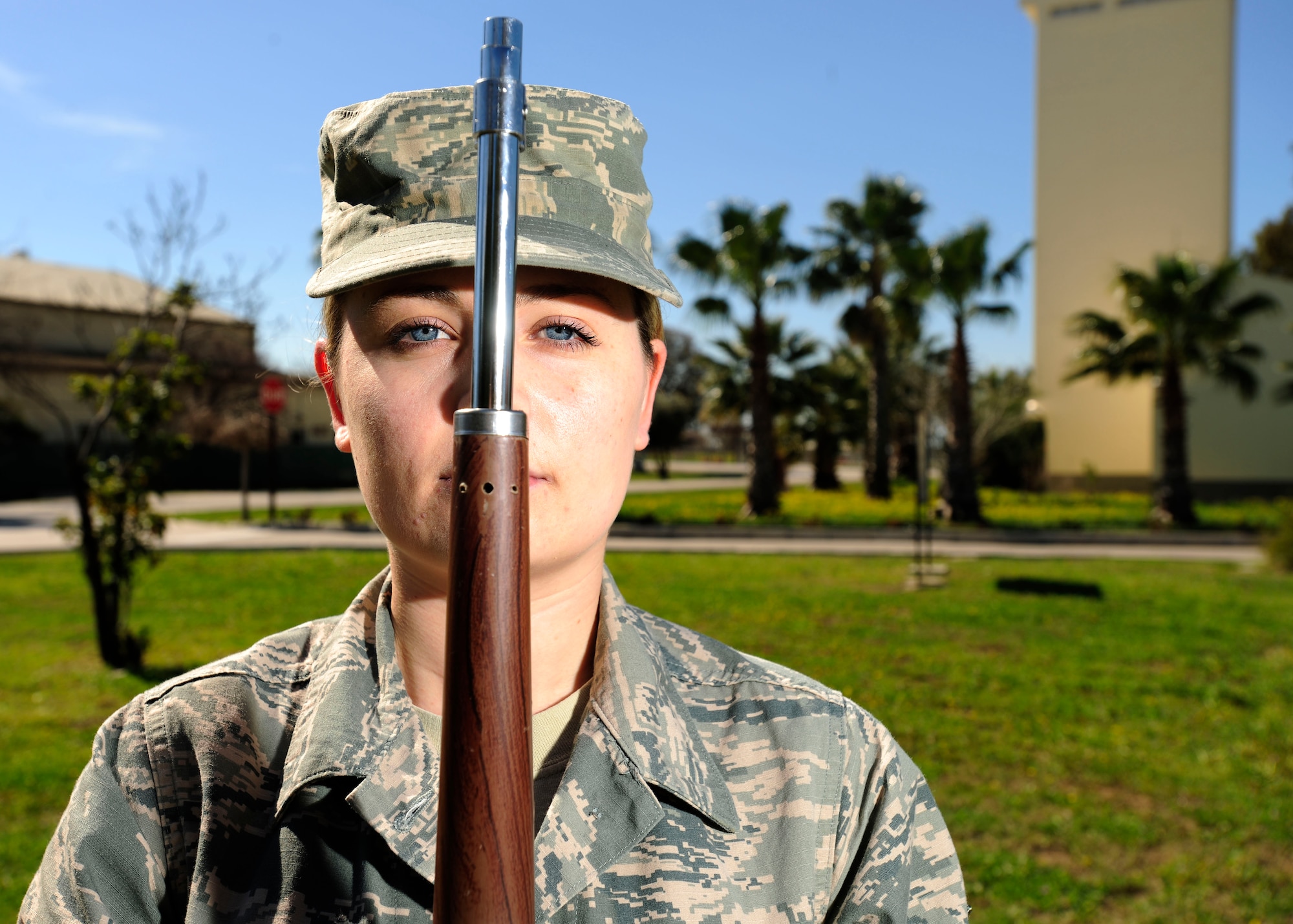 Staff Sgt. Andrea Stalter, 39th Operations Support Squadron airfield management operations supervisor, practices drill movements during an honor guard practice March 5, 2015, at Incirlik Air Base, Turkey. The base honor guard team meets once a week to ensure they stay proficient in all drill movements. (U.S. Air Force photo by Senior Airman Krystal Ardrey/Released) 