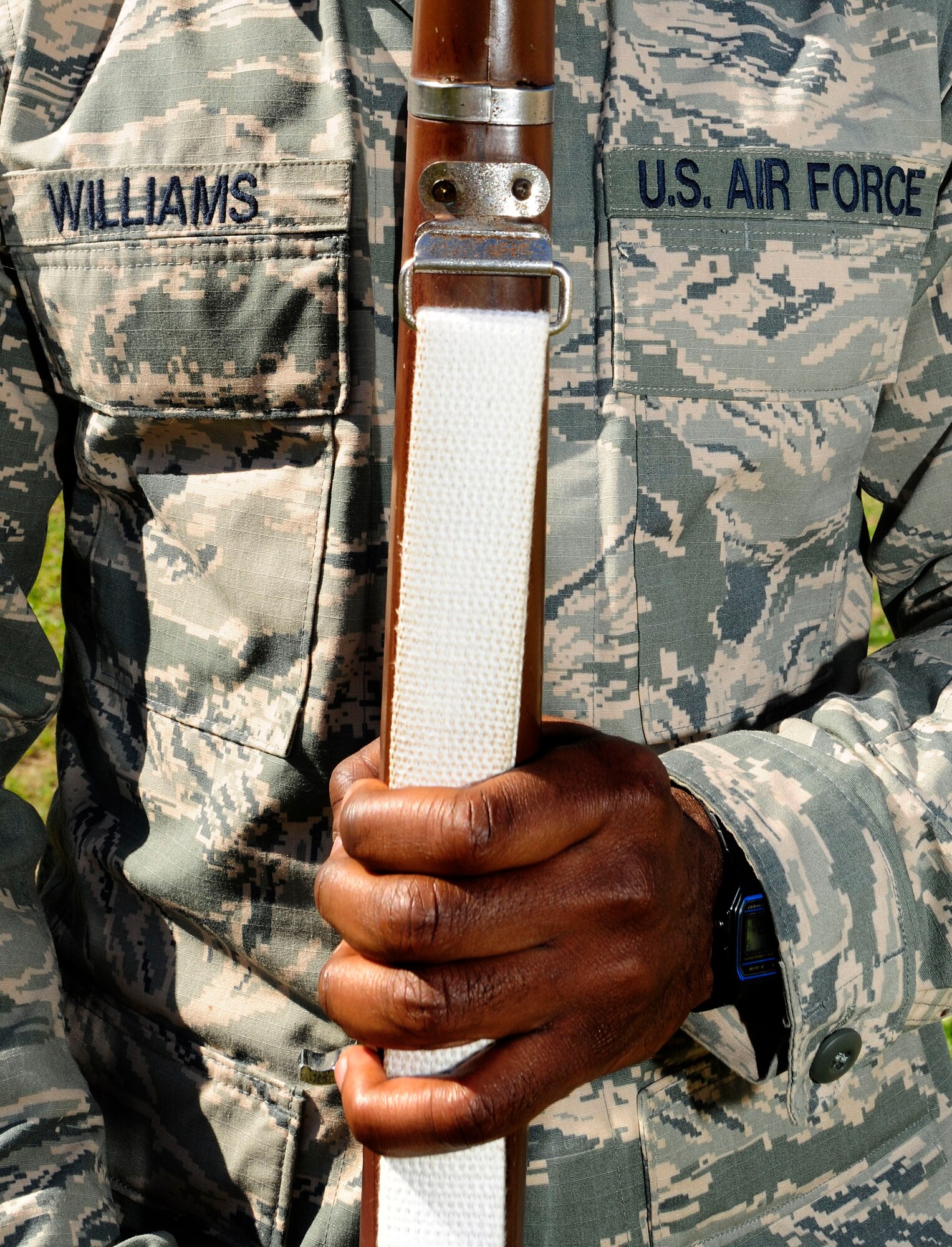Senior Airman Darryl Williams, 39th Logistics Readiness Squadron central storage journeyman, holds a ceremonial rifle during an honor guard practice March 5, 2015, at Incirlik Air Base, Turkey. Williams practices multiple drill movements during honor guard team practices. (U.S. Air Force photo by Senior Airman Krystal Ardrey/Released)