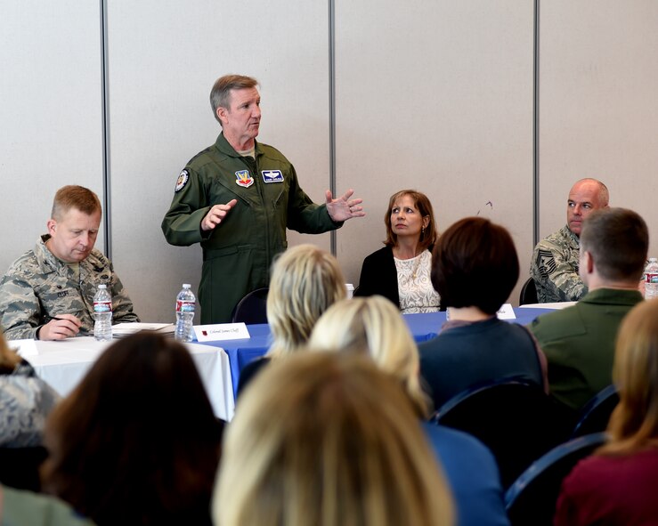 Gen. Herbert Carlisle, Air Combat Command commander, speaks at a family forum March 3, 2015, at the Centennial Hills YMCA in Las Vegas. Topics addressed during the forum included childcare options, transportation, medical care, manning and work schedules, and security issues. (U.S. Air Force photo by Staff Sgt. Adawn Kelsey)