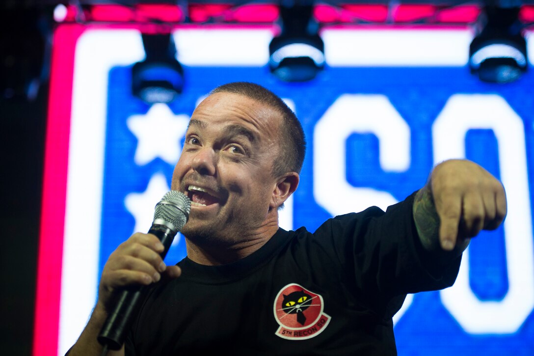 Jason “Wee Man” Acuna, performs on stage for U.S. service members and their families during a USO concert on Osan Air Base, South Korea, March 8, 2015.