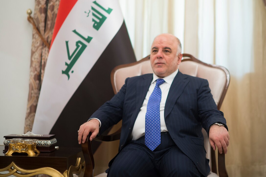Iraqi Prime Minister Haider al-Abadi met with U.S. Army Gen. Martin E. Dempsey, not shown, chairman of the Joint Chiefs of Staff, in Baghdad, March 9, 2015. 