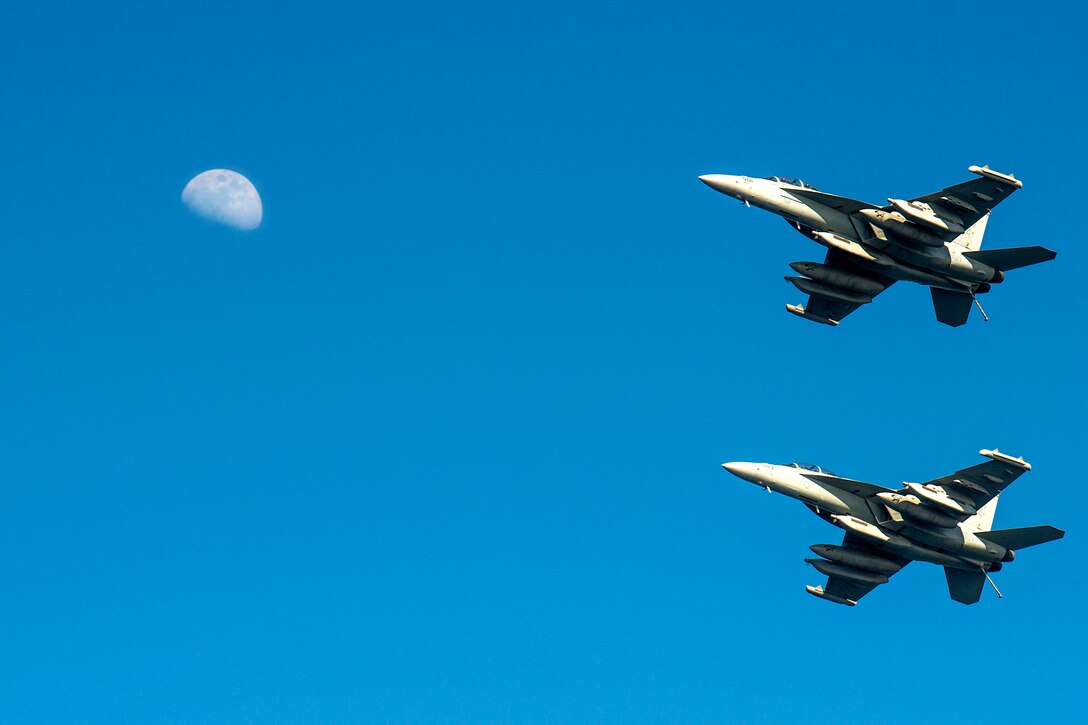 Two EA-18G Growler aircraft from the Cougars of Electronic Attack Squadron 139 fly in formation above the aircraft carrier USS Carl Vinson as the ship conducts flight operations in the U.S. 5th Fleet area of operations, Feb. 27, 2015. The carrier is supporting maritime and theater security cooperation efforts as well as strike operations in Iraq and Syria.