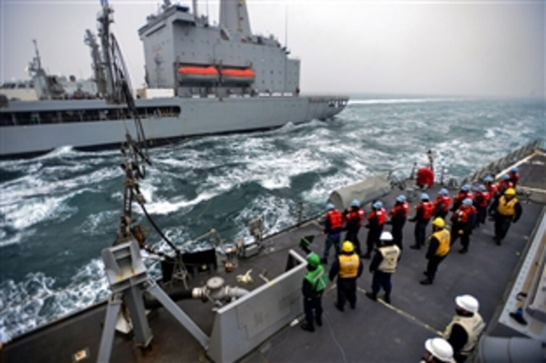 U.S. sailors serve as line handlers aboard the guided-missile destroyer USS John S. McCain during a replenishment at sea with the Military Sealift Command fleet replenishment oiler USNS Pecos as part of exercise Foal Eagle 2015 in the East China Sea, March 9, 2015.