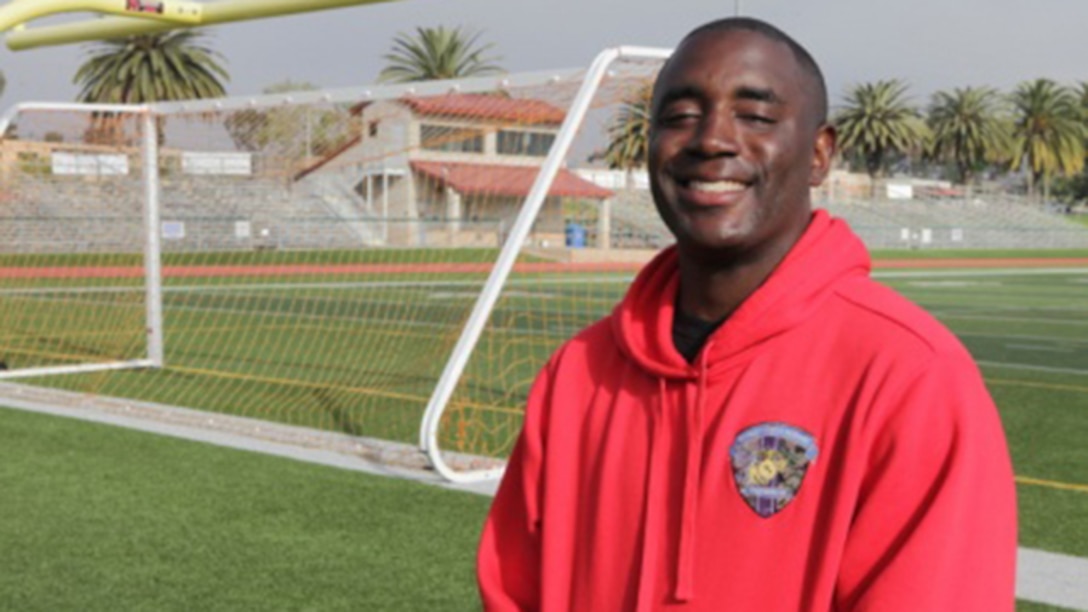 Sgt. Michael Pride, an assistant coach for track at the 2015 Marine Corps Trials, reunited with a Marine that he served with in a deployed environment seven years ago during the Marine Corps Trials held at Marine Corps Base Camp Pendleton, California. Pride is coaching Gunnery Sgt. Gabriel Guest for the track competition.