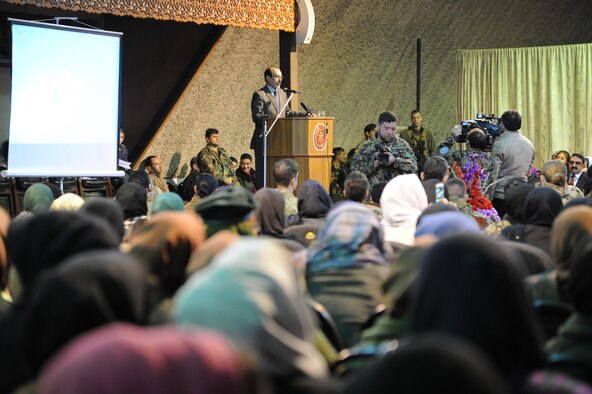 Gen. Enayatullah Nazari, acting Minister of Defense, speaking on the importance of women in the Islamic society during the Afghan Air Force International Women’s Day celebration March 8, 2015.  (U.S. Air Force photo by Senior Master Sgt. J. LaVoie/Released)