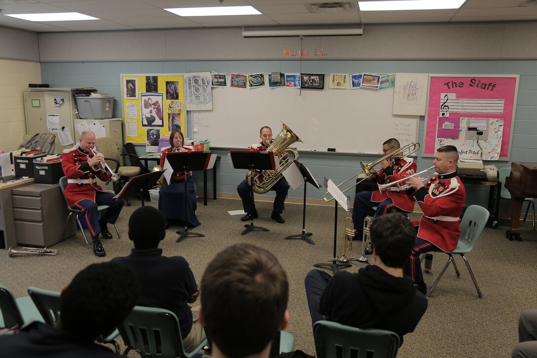 On March 10, 2015, a brass quintet from "The President's Own"  performed a Music in the High Schools program at the Washington Christian Academy in Olney, Md. (U.S. Marine Corps photo by Master Sgt. Kristin duBois/released)