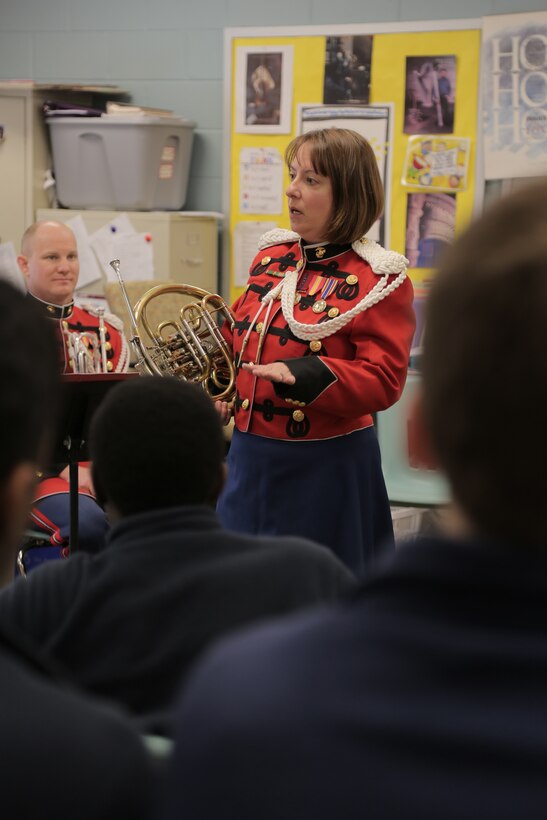 On March 10, 2015, a brass quintet from "The President's Own" performed a Music in the High Schools program at the Washington Christian Academy in Olney, Md. (U.S. Marine Corps photo by Master Sgt. Kristin duBois/released)