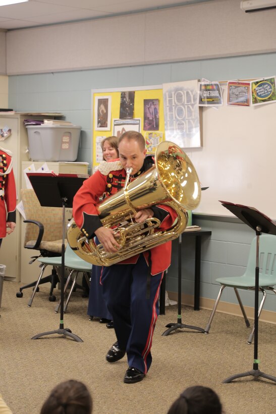 On March 10, 2015, a brass quintet from "The President's Own" performed a Music in the High Schools program at the Washington Christian Academy in Olney, Md. (U.S. Marine Corps photo by Master Sgt. Kristin duBois/released)