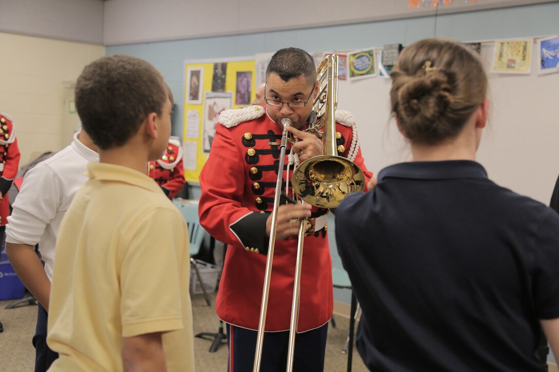 On March 10, 2015, a brass quintet from "The President's Own"  performed a Music in the High Schools program at the Washington Christian Academy in Olney, Md. (U.S. Marine Corps photo by Master Sgt. Kristin duBois/released)