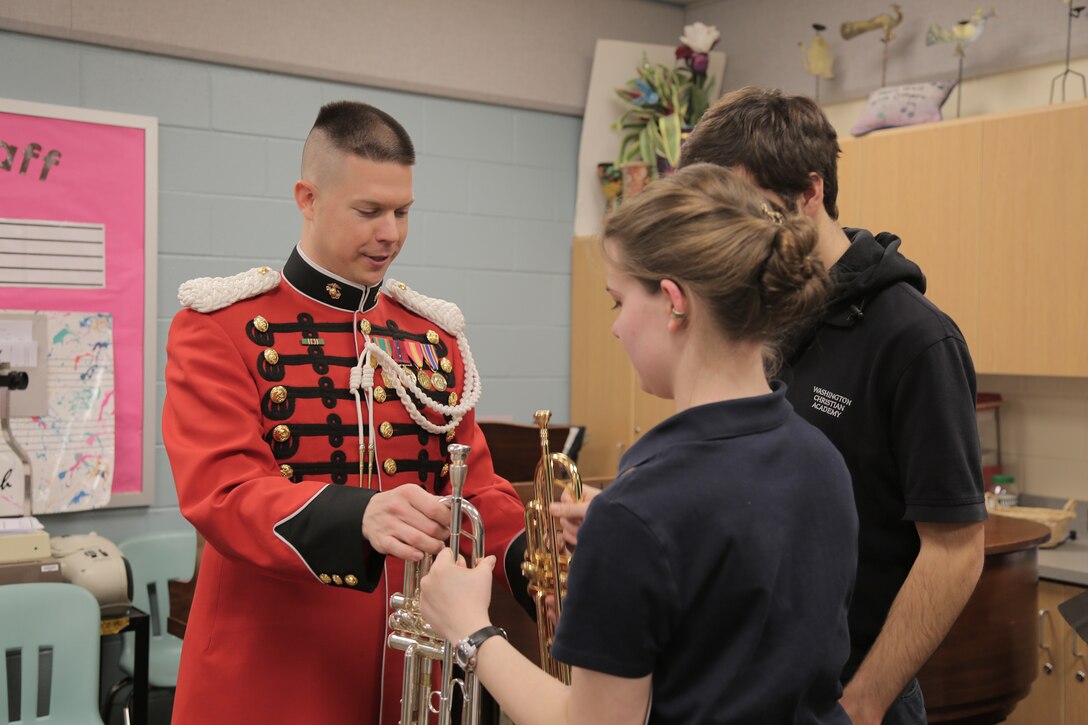 On March 10, 2015, a brass quintet from "The President's Own"  performed a Music in the High Schools program at the Washington Christian Academy in Olney, Md. (U.S. Marine Corps photo by Master Sgt. Kristin duBois/released)