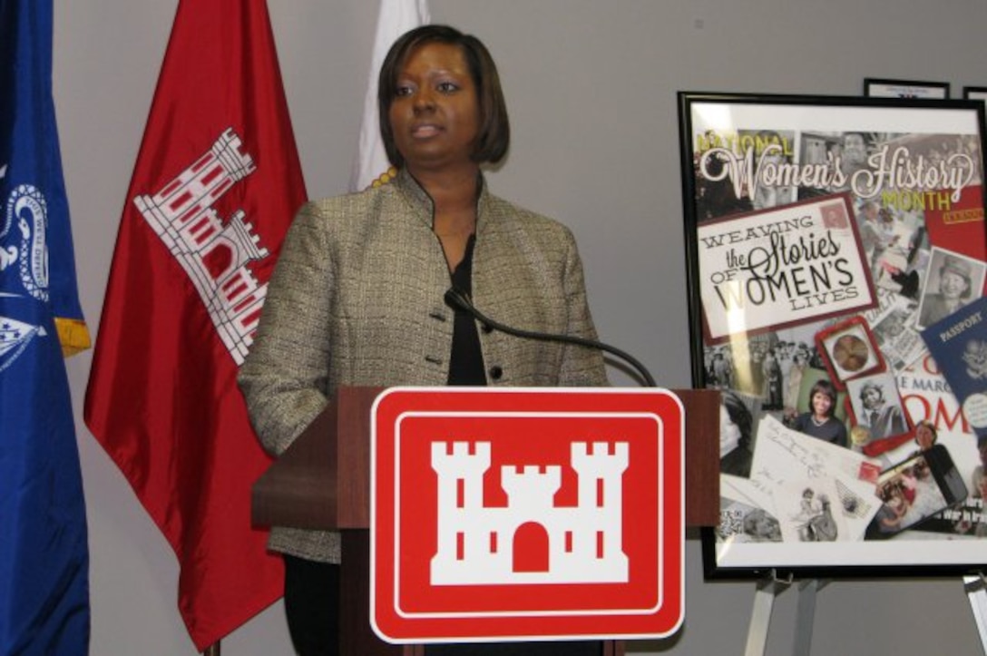 Brenda Johnson-Turner, director of Real Estate for the U.S. Army Corps of Engineers, and a member of the Army's Senior Executive Service, speaks to Corps of Engineers Baltimore District employees about her life story as part of the district's Women's History Month celebration on Mar. 4, 2015.