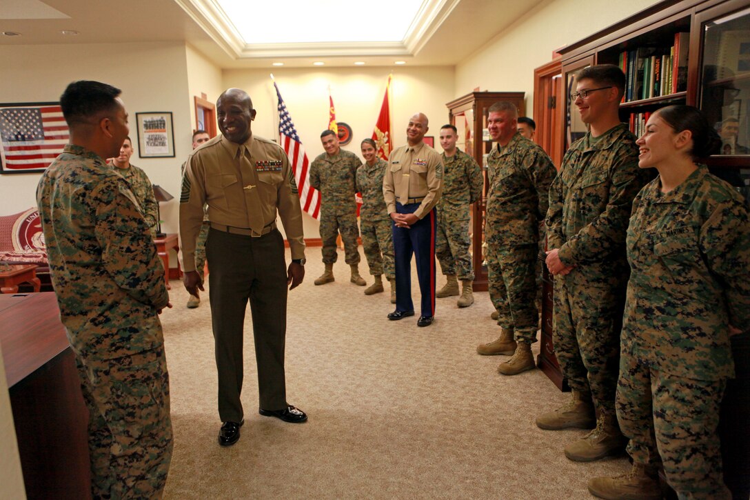 Sgt. Maj. Ronald L. Green, the 18th Sergeant Major of the Marine Corps, visits the 12th Marine Corps District Headquarters at Marine Corps Recruit Depot San Diego, Calif., March 5, 2015. (U.S. Marine Corps photo by Sgt. Marionne T. Mangrum)