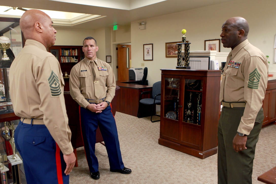 Sgt. Maj. Ronald L. Green, the 18th Sergeant Major of the Marine Corps, visits the 12th Marine Corps District Headquarters at Marine Corps Recruit Depot San Diego, Calif., March 5, 2015. (U.S. Marine Corps photo by Sgt. Marionne T. Mangrum)
