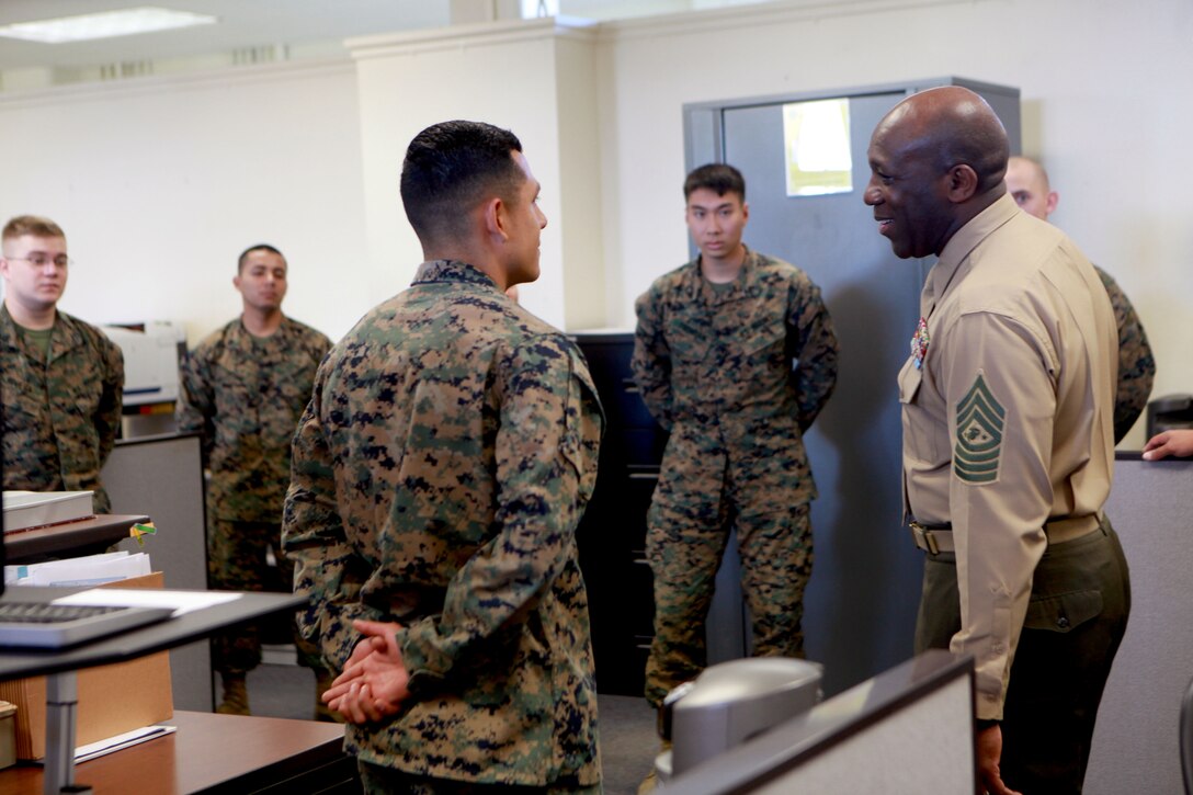 Sgt. Maj. Ronald L. Green, the 18th Sergeant Major of the Marine Corps, visits the 12th Marine Corps District Headquarters at Marine Corps Recruit Depot San Diego, Calif., March 5, 2015. (U.S. Marine Corps photo by Sgt. Marionne T. Mangrum)