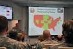 South Dakota Army National Guard Lt. Col. Mike Oster, executive officer for the 109th Regional Support Group in Rapid City, S.D., briefed  National Guard leaders and field commanders from 12 states and 40 units that came together today at Camp Rapid for the 2010 Golden Coyote training exercise.