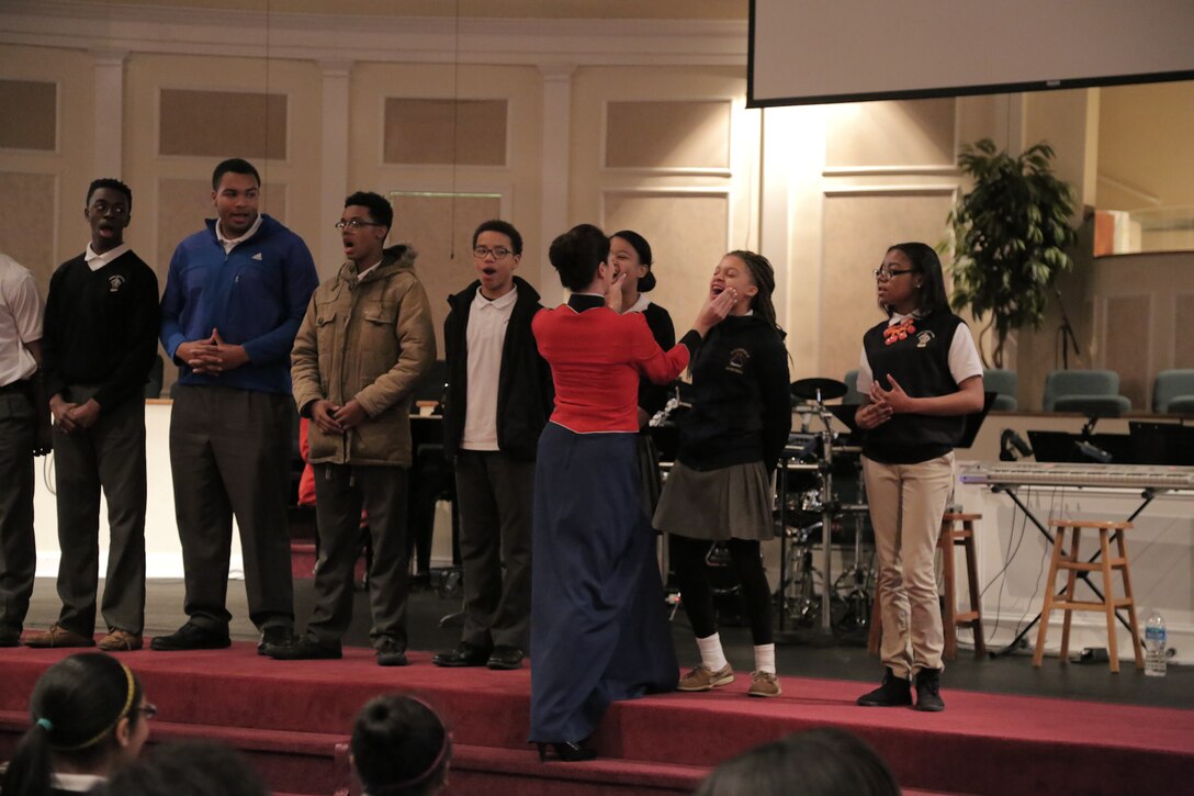 On March 11, 2015, Marine Band vocalists and pianist performed a Music in the High Schools program at the Riverdale Baptist School in Upper Marlboro, Md. (U.S. Marine Corps photo by Master Sgt. Kristin duBois/released)