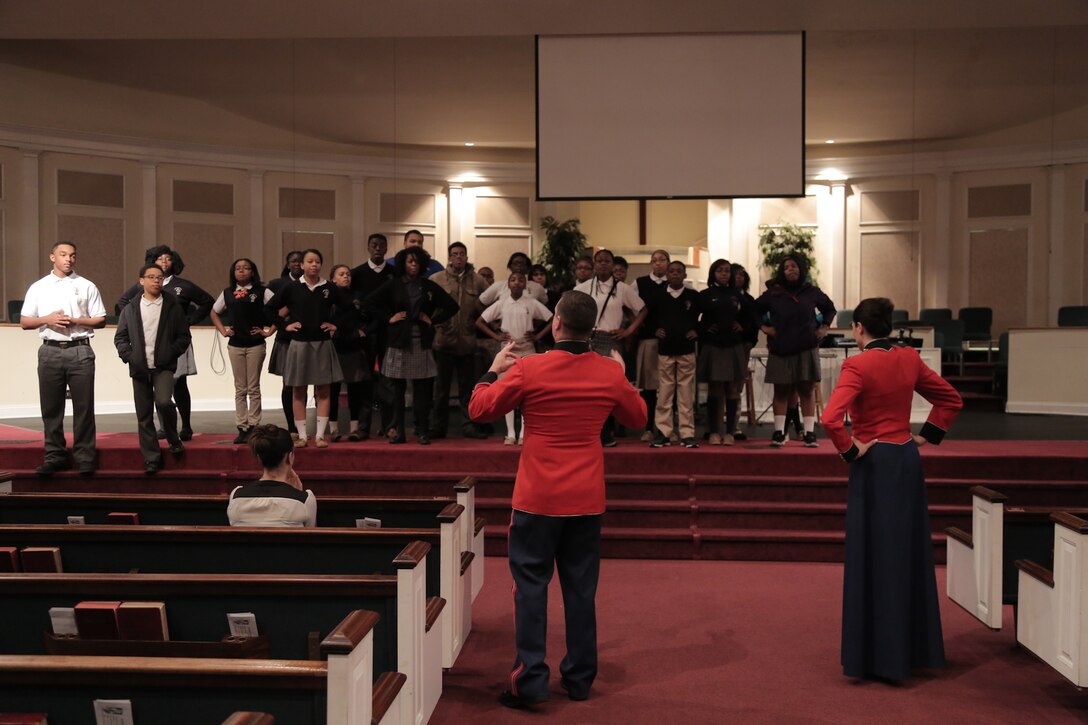 On March 11, 2015, Marine Band vocalists and pianist performed a Music in the High Schools program at the Riverdale Baptist School in Upper Marlboro, Md. (U.S. Marine Corps photo by Master Sgt. Kristin duBois/released)