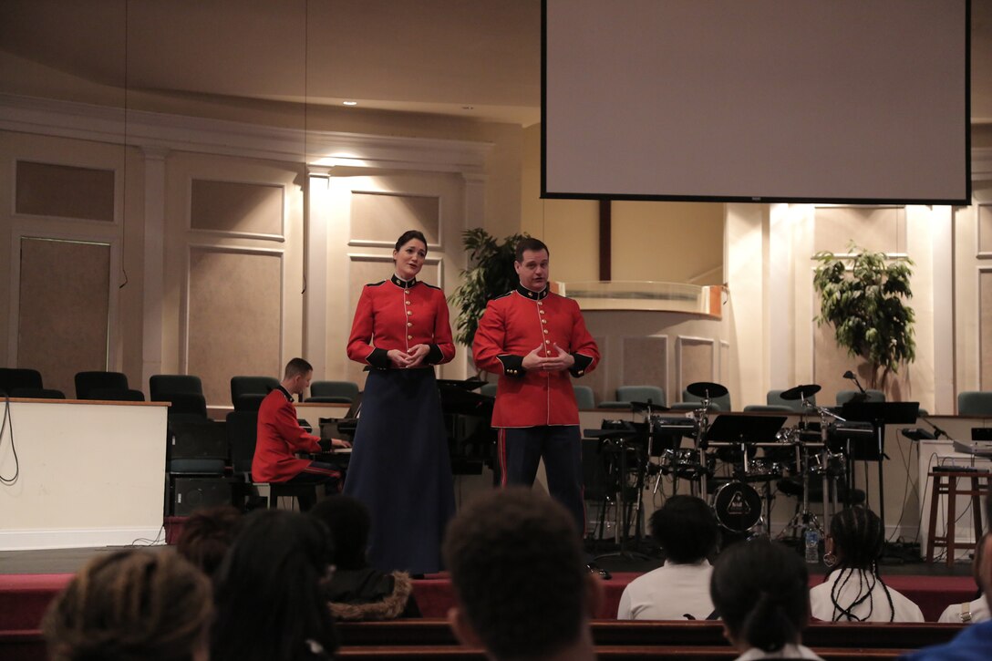 On March 11, 2015, Marine Band vocalists and pianist performed a Music in the High Schools program at the Riverdale Baptist School in Upper Marlboro, Md. (U.S. Marine Corps photo by Master Sgt. Kristin duBois/released)