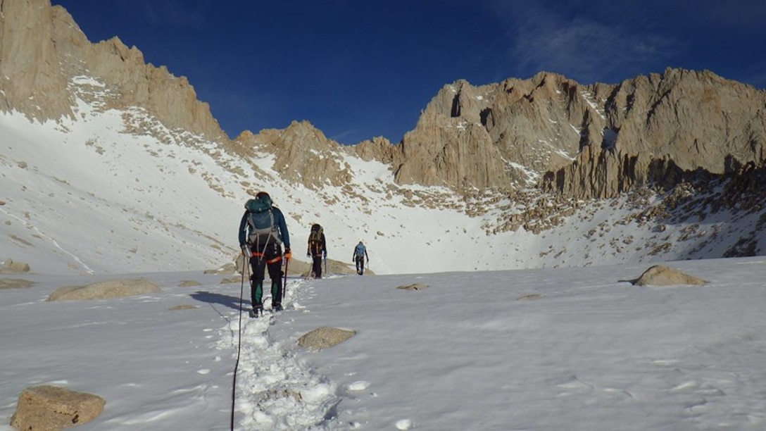 Over the President's Day 2015 holiday weekend, a group of Marine Corps Detachment, Presidio of Monterey students organized a trip to scale Mt Whitney in the Sequoia National Park, CA - one of the many national parks and tourist destinations available a short distance from the Presidio of Monterey.  Mt Whitney is the highest summit in the contiguous United States.