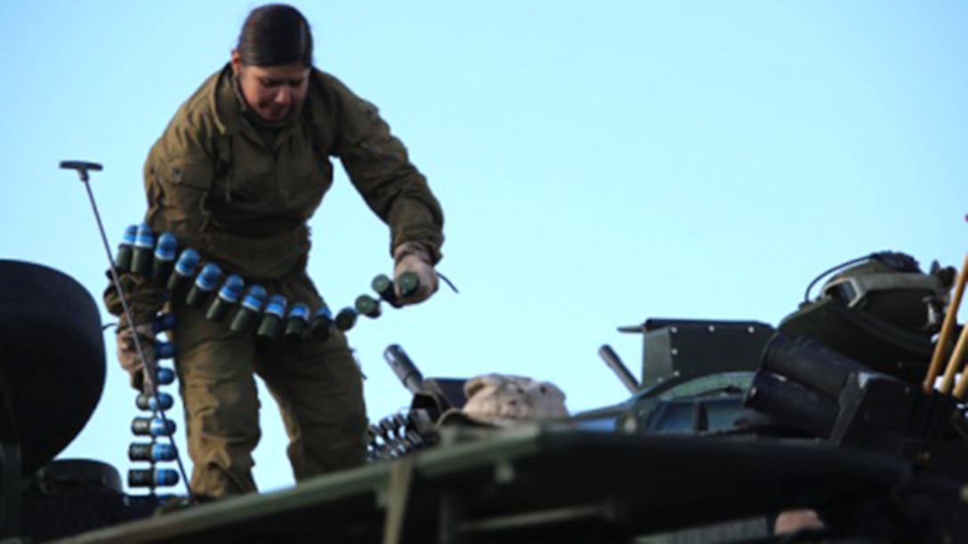 Sgt. Yesenia A. Nepita, crew chief, Amphibious Assault Vehicle Platoon, Company B, Ground Combat Element Integrated Task Force, prepares to load a Mk-19 40 mm automatic grenade launcher atop an AAV during the assessment at Range 500, Marine Corps Air Ground Combat Center Twentynine Palms, California, March 3, 2015. From October 2014 to July 2015, the GCEITF will conduct individual and collective level skills training in designated ground combat arms occupational specialties in order to facilitate the standards-based assessment of the physical performance of Marines in a simulated operating environment performing specific ground combat arms tasks. 