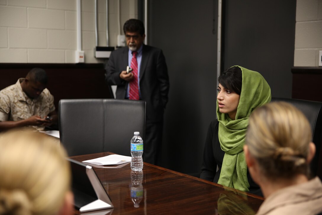 Captain Niloofar Rahmani, the first female fixed-wing pilot in the Afghan Air Force, speaks with female pilots from across 3rd Marine Aircraft Wing aboard Marine Corps Air Station Miramar, Calif., March 9. Rahmani received the 2015 International Women of Courage award by the Department of state for her courage in advocating women’s rights despite personal risk.
