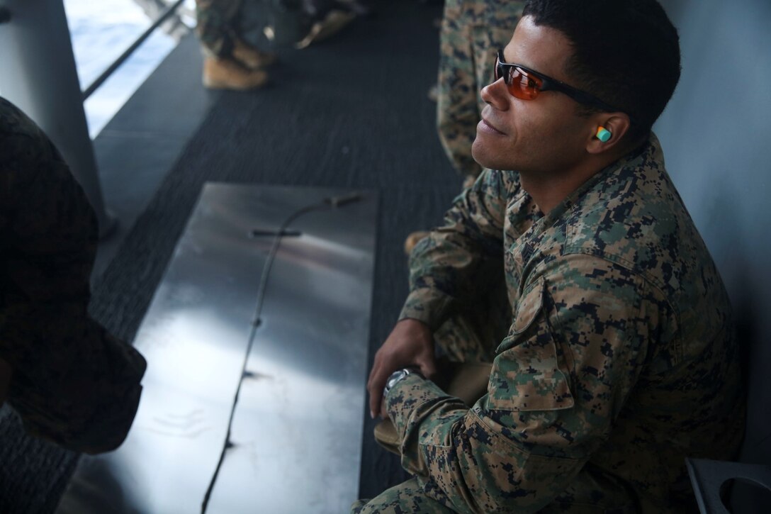 U.S. Marine Staff Sgt. Marques Castro participates in time fuse calculation sustainment training aboard the USS Essex (LHD 2) off the coast of San Diego Feb. 28, 2015. Castro is an explosive ordinance disposal technician with EOD Detachment, Combat Logistics Battalion 15, 15th Marine Expeditionary Unit. Doing this type of training ensures they are ready to prepare any breaching charges they may need during the MEU. (U.S. Marine Corps photo by Cpl. Anna Albrecht/Released)