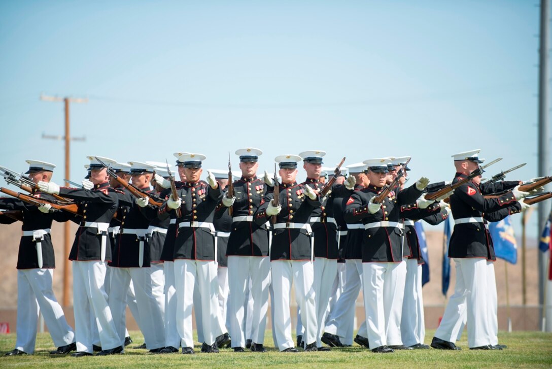 The Battle Color Detachment, from Marine Barracks Washington, D.C., performs for an estimated crowd of 1,500 people on Marine Corps Logistics Base Barstow, Calif., March 10. 