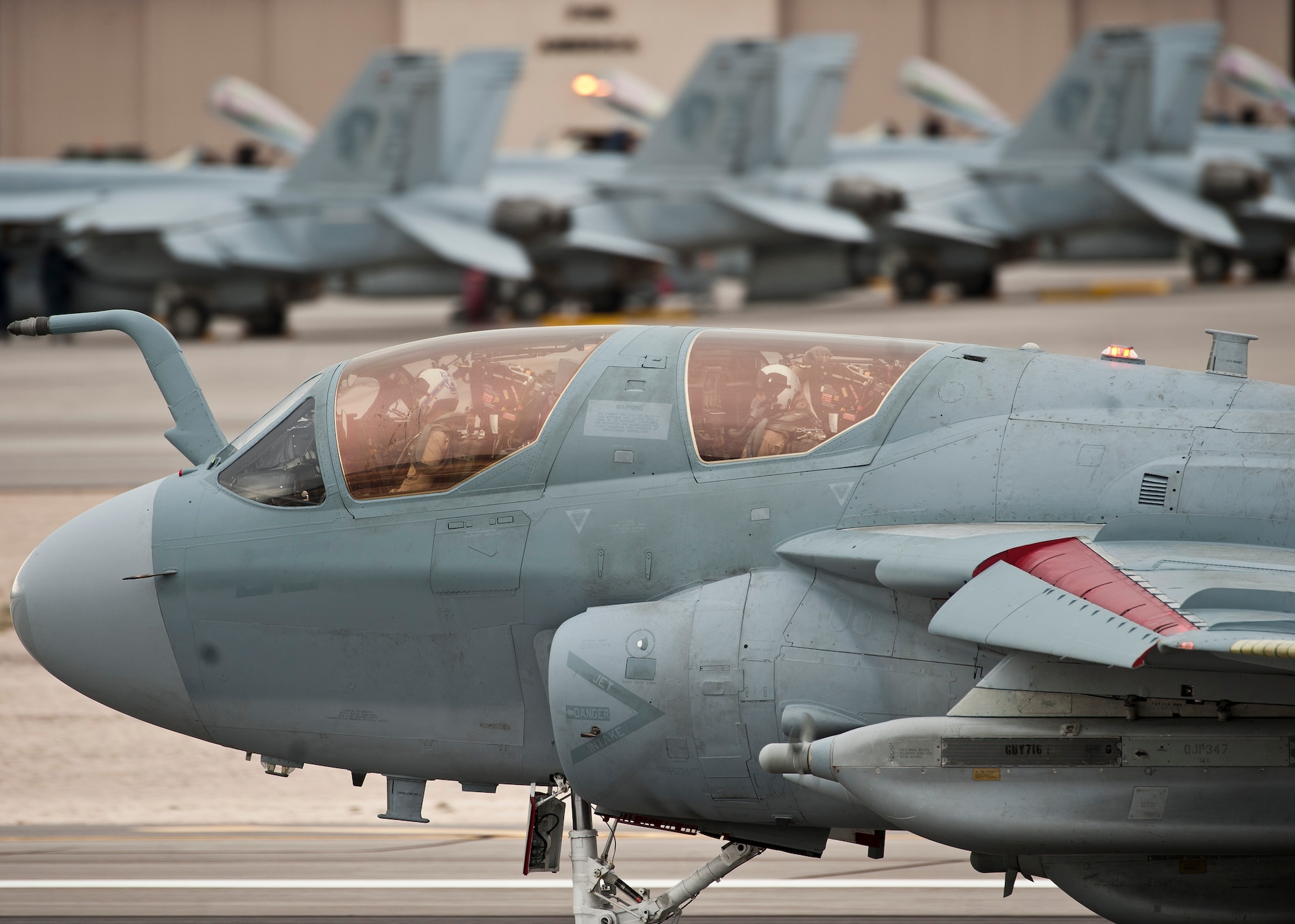 U.S. Marine Corps aircrew members assigned to the Marine Tactical Electronic Warfare Squadron 3, Marine Corps Air Station Cherry Point, N.C., operate an EA-6B Prowler during Red Flag 15-2 at Nellis Air Force Base, Nev., March 11, 2015. Red Flag provides combat training in a degraded and operationally limited environment making the training missions as realistic as possible. (U.S. Air Force photo by Staff Sgt. Siuta B. Ika)