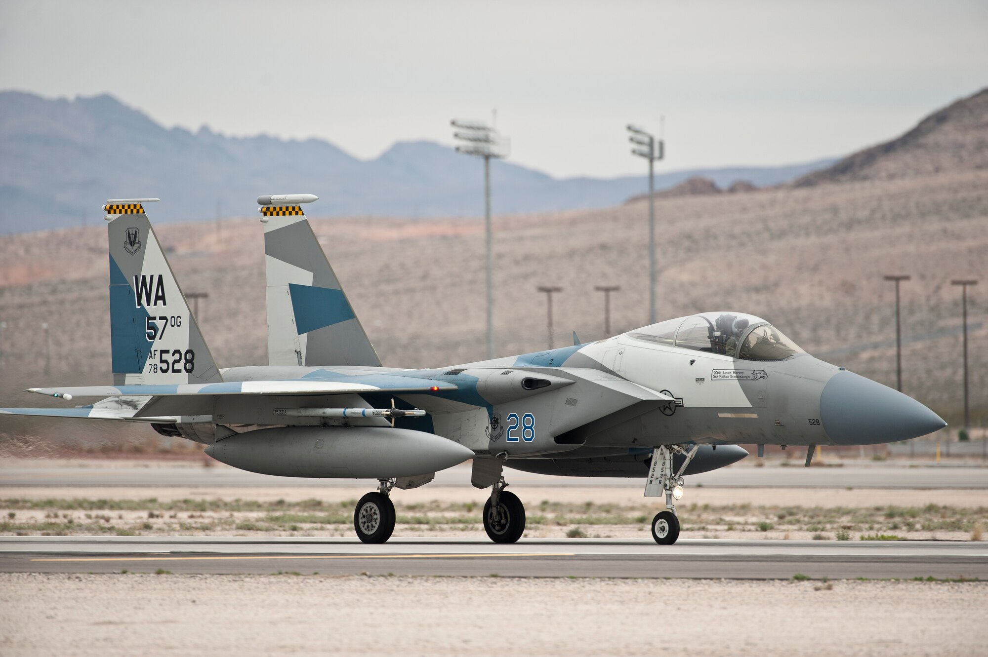 An F-15 Eagle assigned to the 64th Aggressor Squadron taxis after a Red Flag 15-2 sortie at Nellis Air Force Base, Nev., March 11, 2015. Red Flag is a realistic combat exercise involving U.S. and allied air forces conducting training operations on the 15,000 square mile Nevada Test and Training Range. (U.S. Air Force photo by Staff Sgt. Siuta B. Ika)