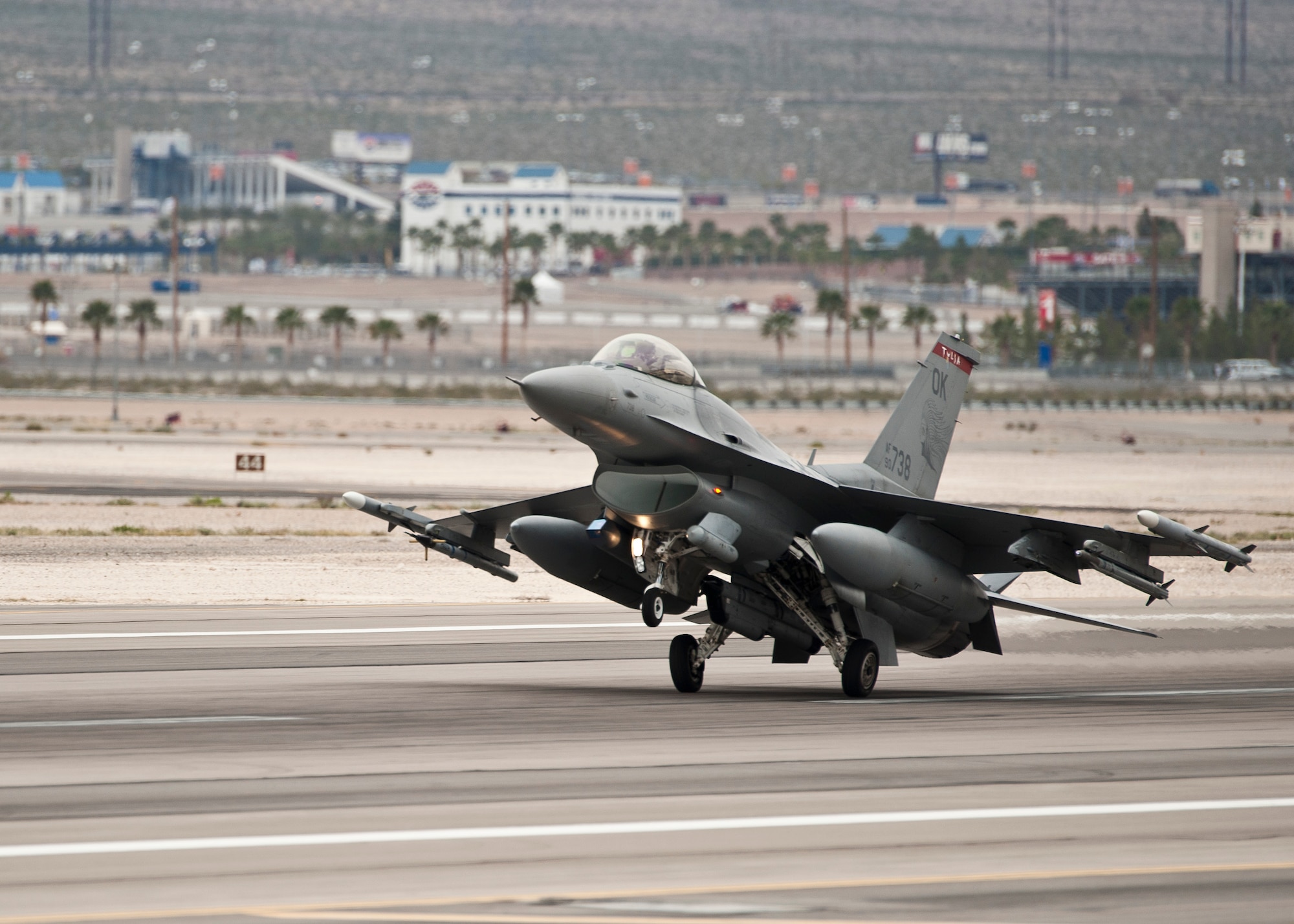 An F-16 Fighting Falcon assigned to the 125th Fighter Squadron, Tulsa Air National Guard Base, Okla., lands after a Red Flag 15-2 sortie at Nellis Air Force Base, Nev., March 11, 2015. Red Flag provides an opportunity for Guardsmen aircrew and maintainers to enhance their tactical operational skills alongside flying units from around the U.S. and the world. (U.S. Air Force photo by Staff Sgt. Siuta B. Ika)
