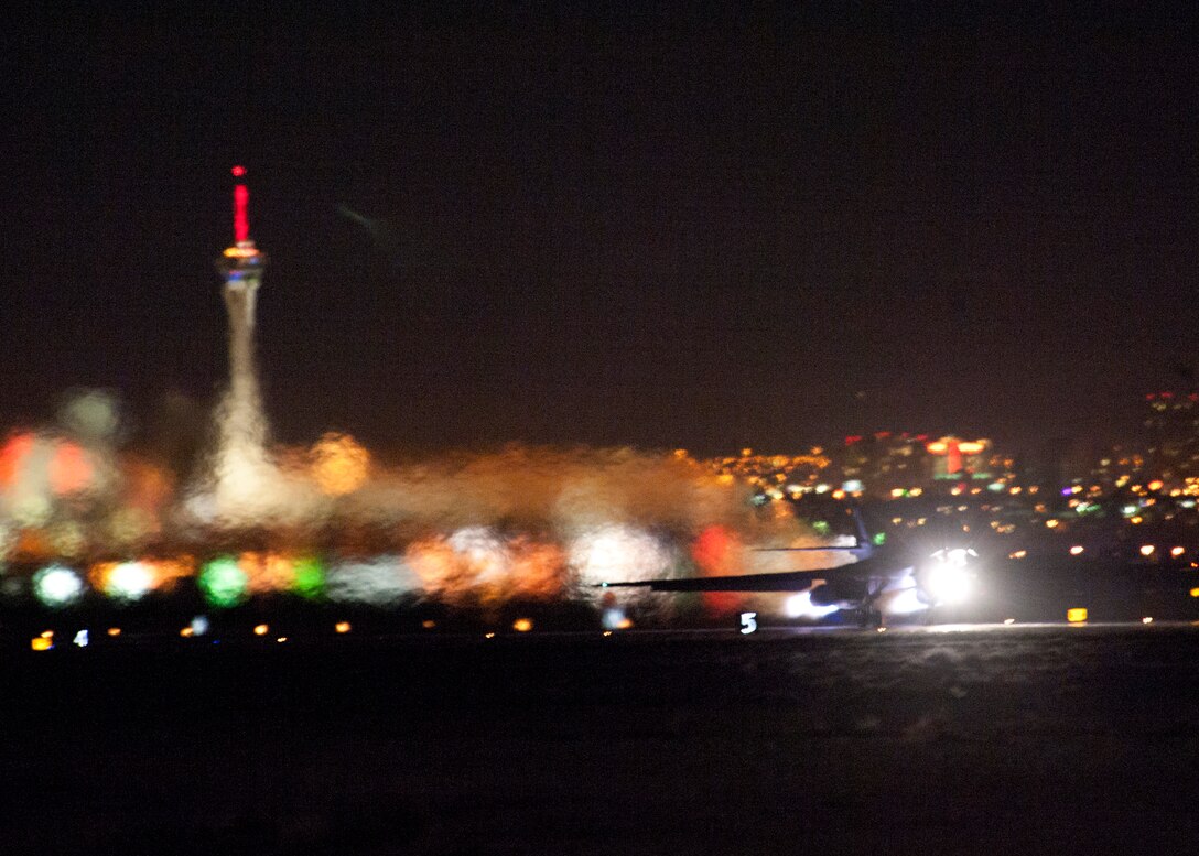 A B-1B Lancer assigned to the 37th Bomb Squadron, Ellsworth Air Force Base, S.D., launches during a Red Flag 15-2 night sortie at Nellis AFB, Nev., March 10, 2015. Red Flag is a realistic combat exercise involving U.S. and allied air forces conducting training operations on the 15,000 square mile Nevada Test and Training Range during day and night operations. (U.S. Air Force photo by Staff Sgt. Siuta B. Ika)