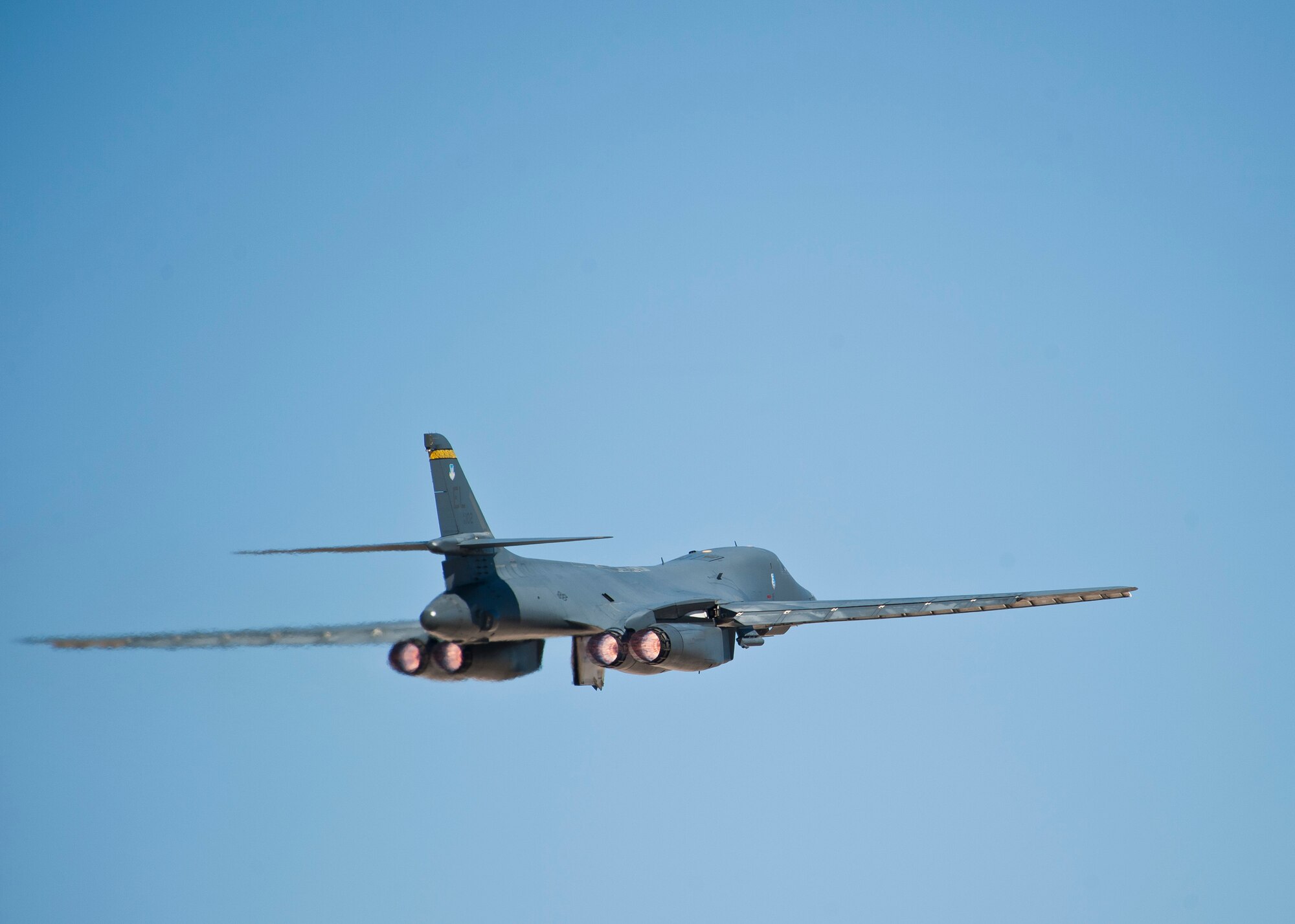 A B-1B Lancer assigned to the 37th Bomb Squadron, Ellsworth Air Force Base, S.D., flies during Red Flag 15-2 sortie at Nellis AFB, Nev., March 10, 2015. The B-1 can rapidly deliver massive quantities of precision and non-precision weapons against any adversary, anywhere in the world, at any time. (U.S. Air Force photo by Staff Sgt. Siuta B. Ika)