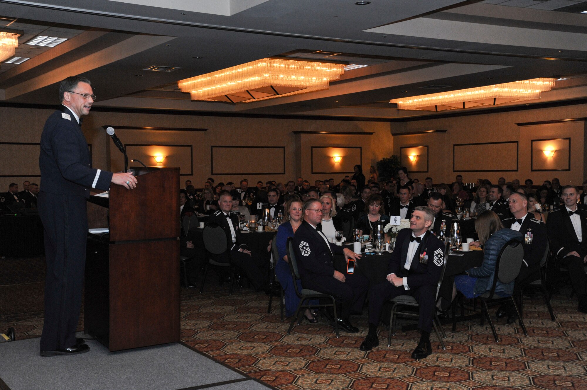 Maj. Gen. Scott Hanson, the Air Mobility Command director of operations, speaks at the Team Fairchild 2014 Annual Awards Banquet March 6, 2015, Spokane, Wash. Hanson, a former commander at Fairchild Air Force Base, was the keynote speaker at the event. (U.S. Air Force photo/Airman 1st Class Nicolo J. Daniello)