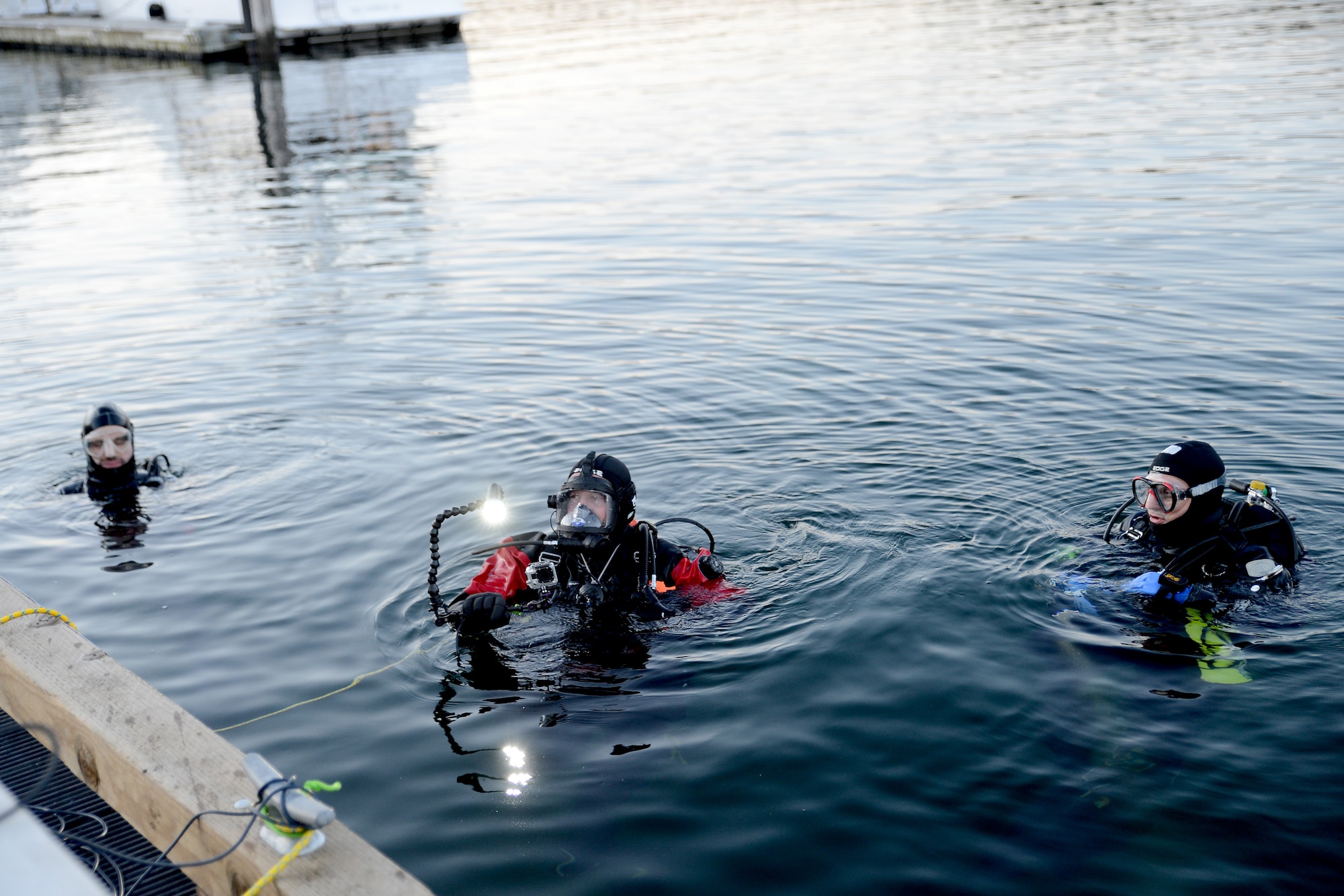 From left to right, Brandon Beetham, Harbor WildWatch volunteer diver, Tom Larson, HWW board president, and Col. Anthony Davit, 627th Air Base Group commander, prepare to dive into the Puget Sound March 7, 2015, during Pier into the Night at Gig Harbor, Wash. The divers were given a camera that provided a live feed for the attendants to watch on the pier. (U.S. Air Force photo/Airman 1st Class Keoni Chavarria)