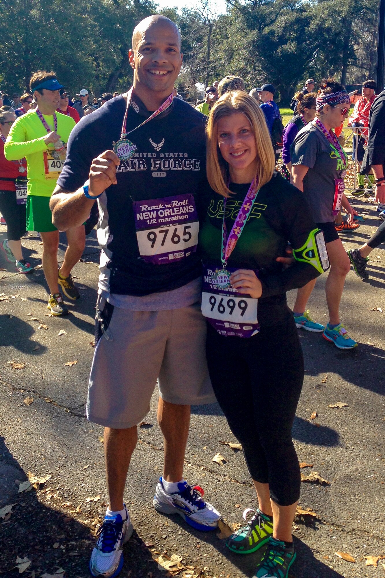 Air Force Staff Sgt. Chigbo Nzoiwu, 14th Flying Training Wing Command Post Controller, and his girlfriend, Sherry, pose for a photo after completing the New Orleans Rock-n-Roll Marathon Jan. 25. Nzoiwu and Tech. Sgt. Thomas Russell, 14th Force Support Squadron Fitness Assessment Cell Manager, are in the process of training for the Air Force Marathon and are encouraging fellow Team BLAZE members to join them. (Courtesy photo)   
