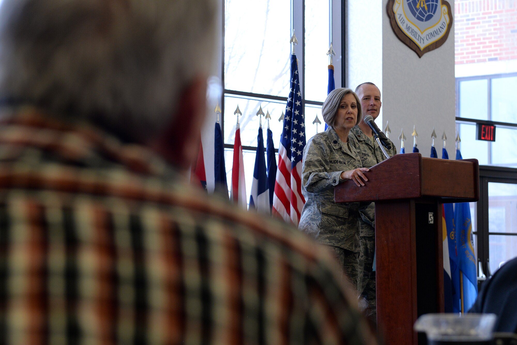 Lt. Col. Christine Blice-Baum, 375th Air Mobility Wing Chaplain, answers a question during the annual Faith Leadership Luncheon at Scott Air Force Base, Illinois on March 3, 2015. Community Faith Leaders were invited to Scott to learn about meeting the specific needs of military members. (U.S. Air Force photo by Senior Airman Sarah Hall-Kirchner)