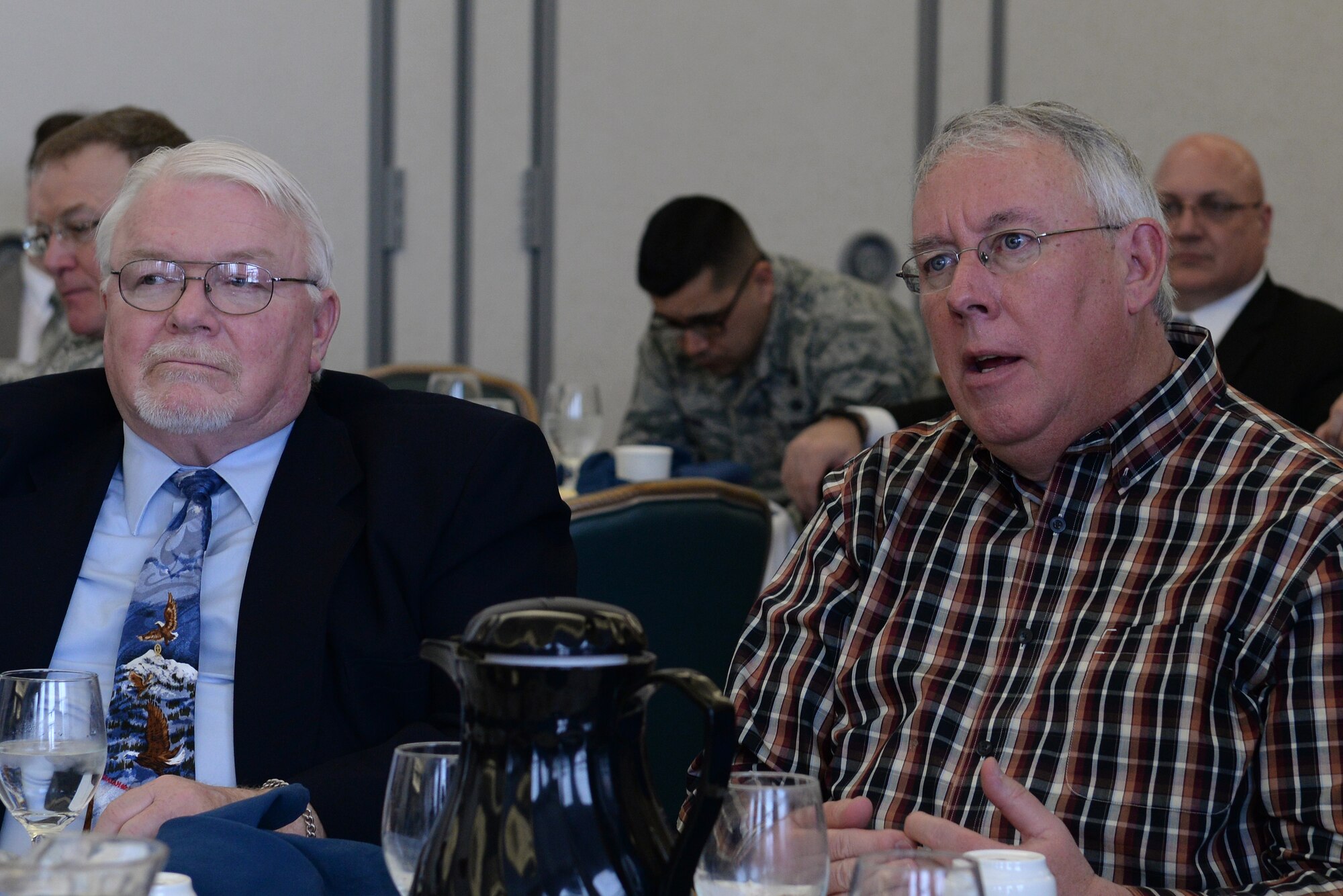 Ron Woods, Townview Baptist Church in Shiloh Pastor, asks a question about serving military families during the annual Faith Leadership Luncheon on March 3, 2015 at Scott Air Force Base, Illinois. Woods, along with about 90 other community faith leaders, attended the event, which aimed to teach them to address the unique issues faced by military families. (U.S. Air Force photo by Senior Airman Sarah Hall-Kirchner/Released)