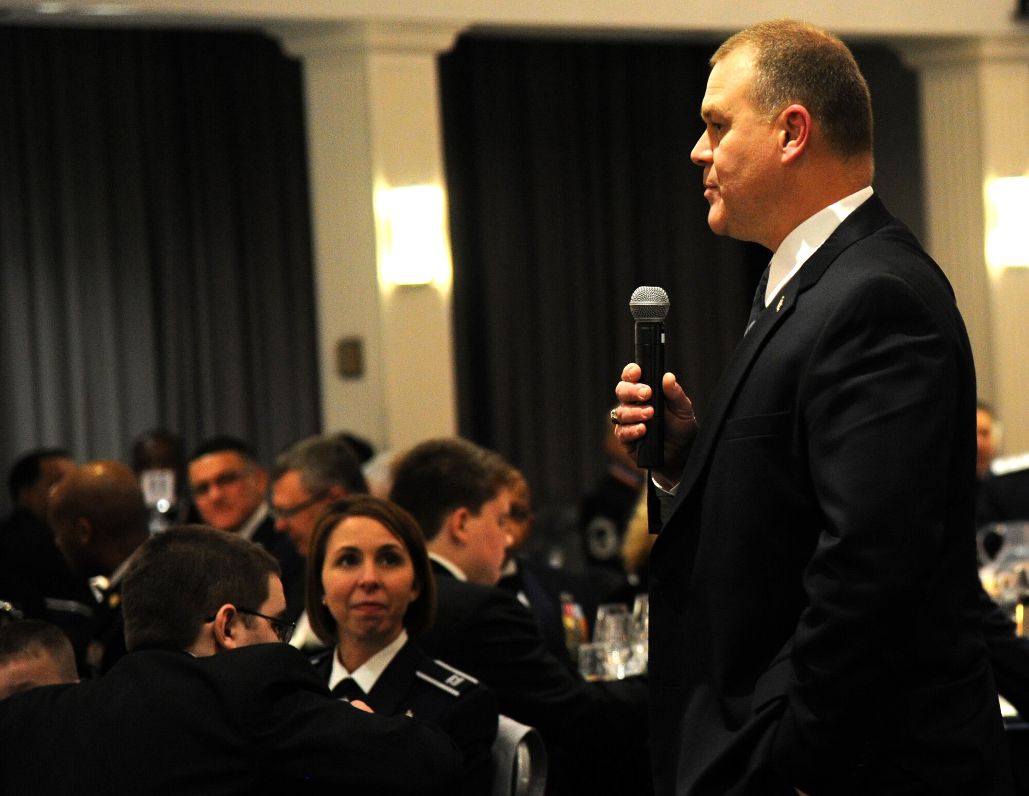 The 16th Chief Master Sergeant of the Air Force
James A. Roy addresses the newest chief selects and promotees assigned to the Air Force District of Washington during the command’s Chief Recognition Banquet on Joint Base Anacostia-Bolling, D.C., March 6, 2015. While serving as the Chief Master Sergeant of the Air Force Roy’s four focus areas included ensuring Airmen were ready for joint and coalition operations; deliberately developing Airmen through education, training and experience; and building a culture of resiliency within Airmen and their families. (U.S. Air Force photo/Master Sgt. Tammie Moore)
