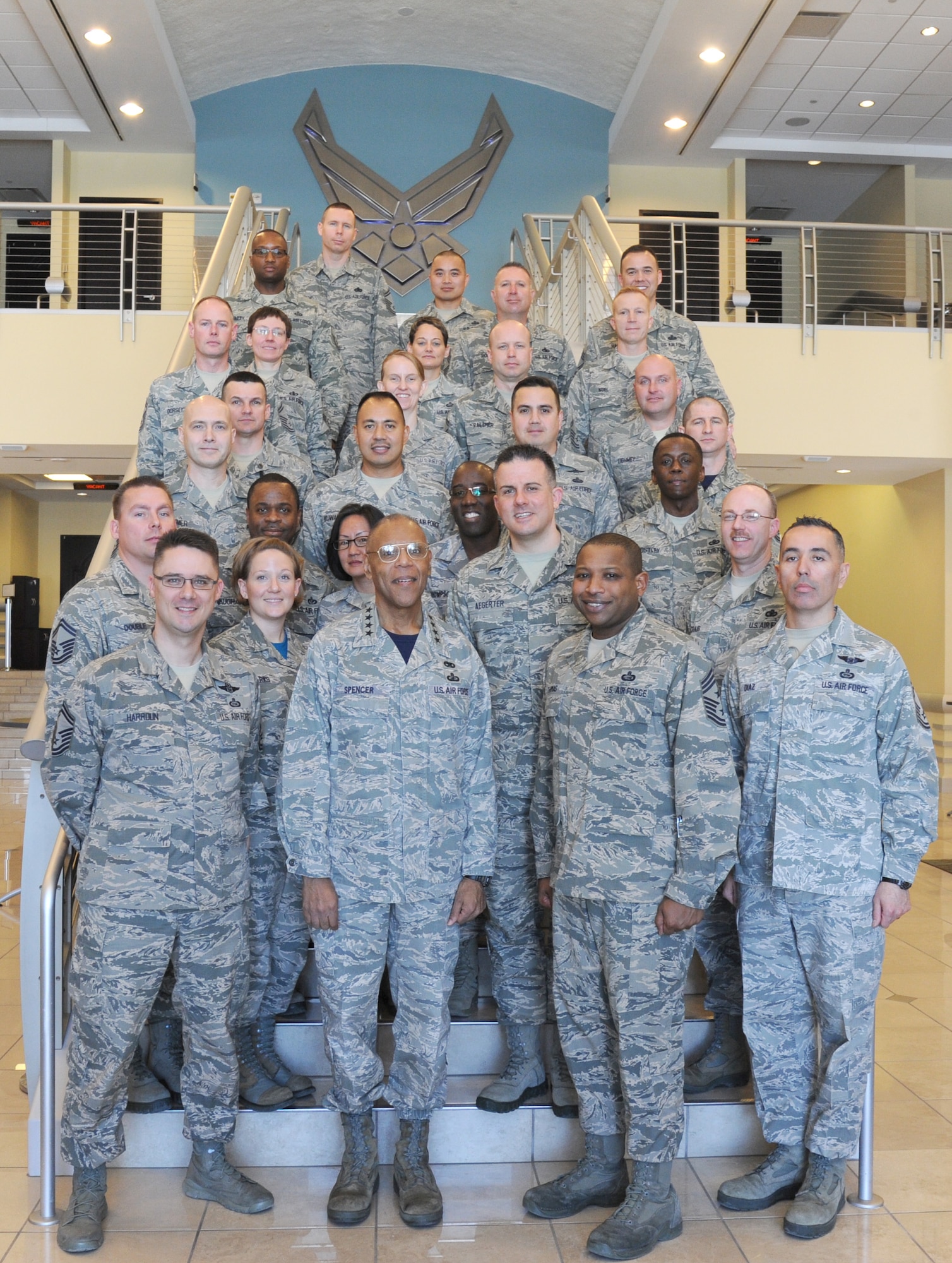 Air Force Vice Chief of Staff Gen. Larry Spencer poses for a photo with Air Force District of Washington chief master sergeant selects and new chief master sergeants during the Air Force District of Washington’s Chief Orientation Seminar at Joint Base Andrews, Md., March 6, 2015. This course's attendees include not only active duty Airmen, but also Guardsmen and Reservists who work across the National Capital Region and some of AFDW's geographically separated chief selects. (U.S. Air Force photo/Master Sgt. Tammie Moore)