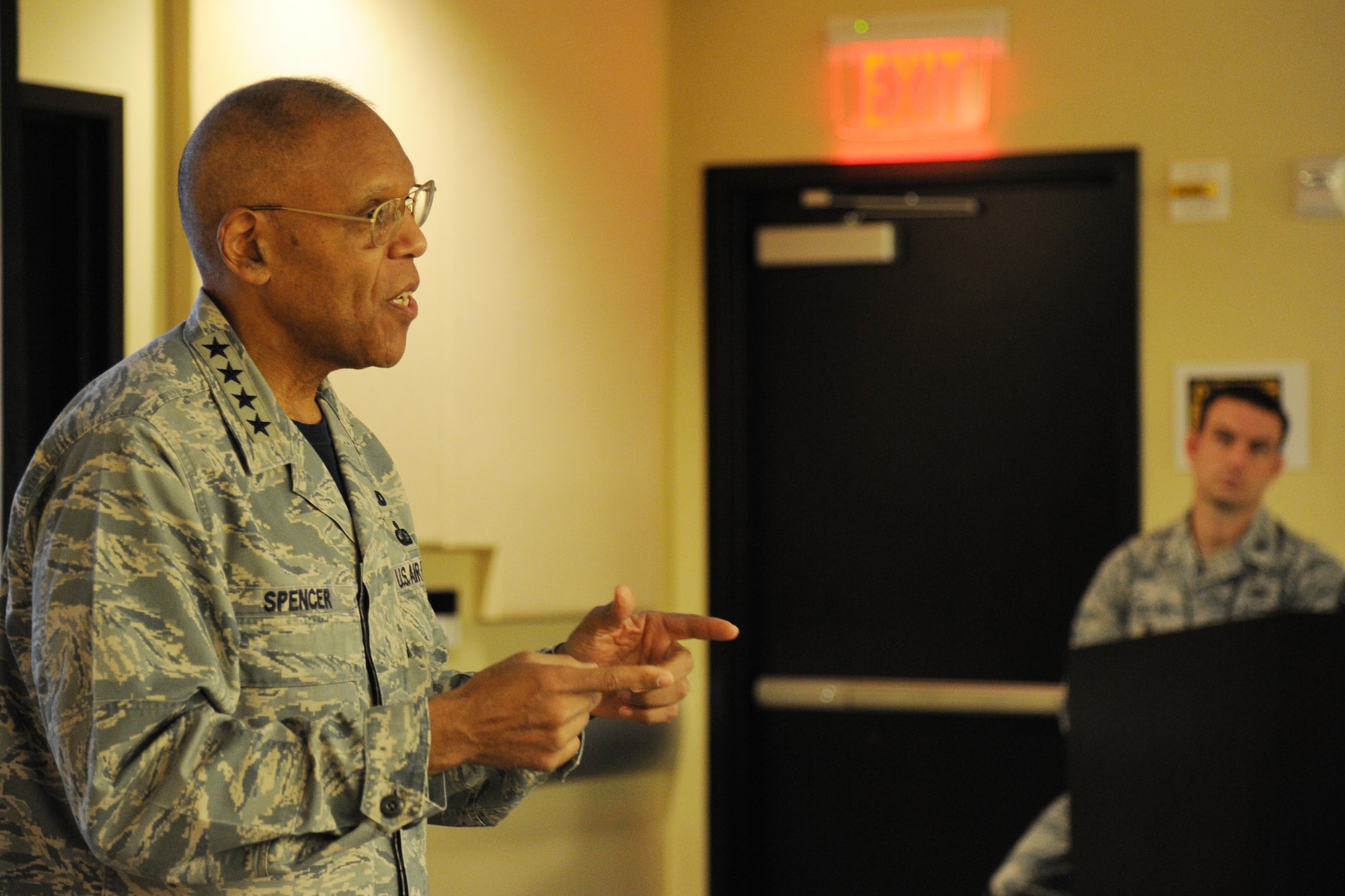 Air Force Vice Chief of Staff Gen. Larry Spencer addresses 29 of the newest chief selects and promotees assigned to the Air Force District of Washington during the command’s Chief Orientation Seminar at Joint Base Andrews, Md., March 6, 2015. As Vice Chief, Spencer assists the Chief of Staff with organizing, training, and equipping 690,000 active-duty, Guard, Reserve and civilian forces serving in the United States and overseas. (U.S. Air Force photo/Master Sgt. Tammie Moore)