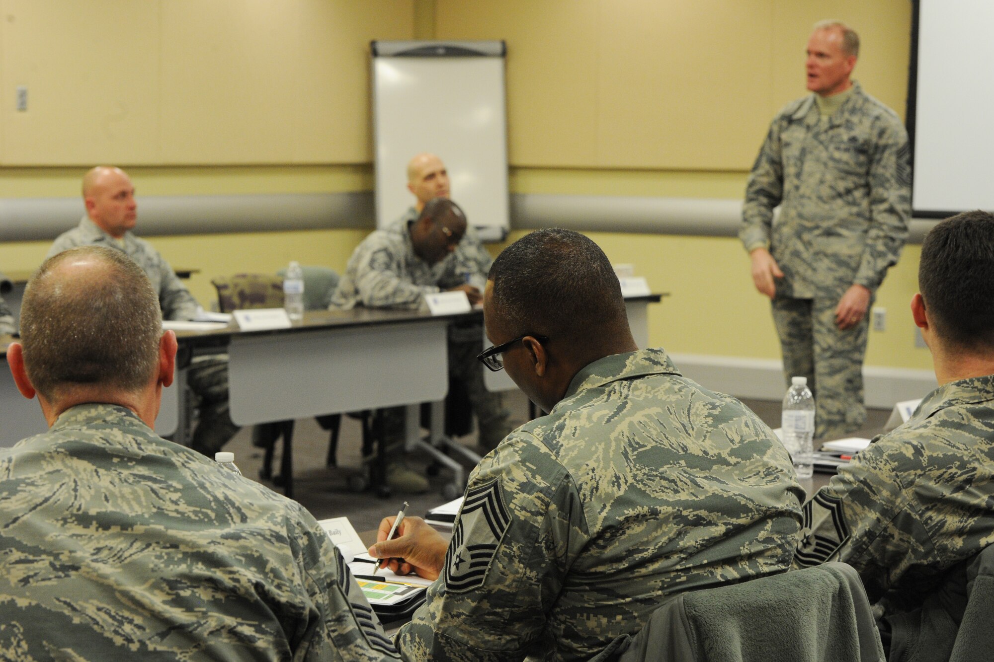 Chief Master Sergeant of the Air Force James A. Cody addresses 29 of the newest chief selects and promotees assigned to the Air Force District of Washington during the command’s Chief Orientation Seminar at Joint Base Andrews, Md., March 3, 2015. This course's attendees include not only active duty Airmen, but also Guardsmen and Reservists who work across the National Capital Region and some of AFDW's geographically separated chief selects. (U.S. Air Force photo/Master Sgt. Tammie Moore)