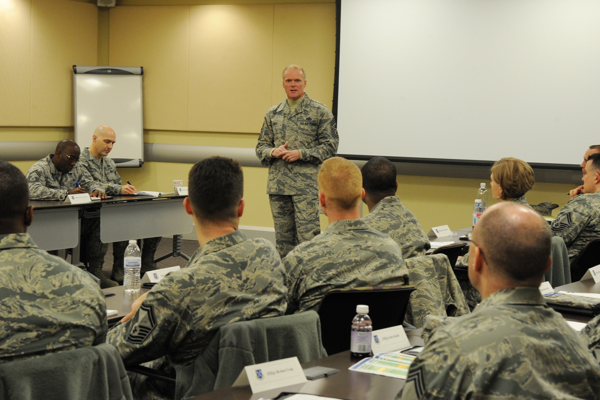 Chief Master Sergeant of the Air Force James A. Cody addresses 29 of the newest chief selects and promotees assigned to the Air Force District of Washington during the command’s Chief Orientation Seminar at Joint Base Andrews, Md., March 3, 2015. Cody serves as the personal adviser to the Chief of Staff and the Secretary of the Air Force on all issues regarding the welfare, readiness, morale, and proper utilization and progress of the enlisted force. (U.S. Air Force photo/Master Sgt. Tammie Moore)