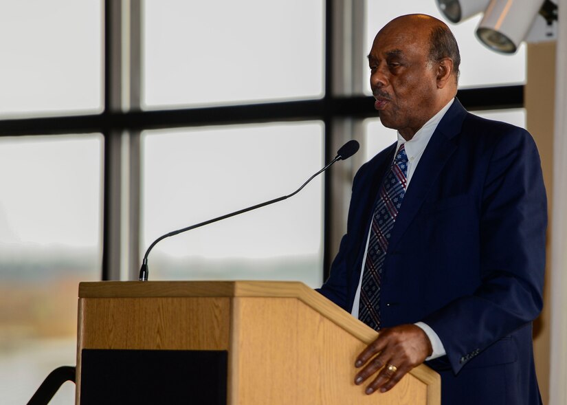 George Wallace, Hampton mayor, addresses a crowd during a Black History Month luncheon at Langley Air Force Base, Va., March 10, 2015. The Langley African American Heritage Council hosted several events in honor of BHM, to include a jamboree kickoff, an open mic session and a trivia bowl. (U.S. Air Force photo by Senior Airman Kayla Newman/Released)