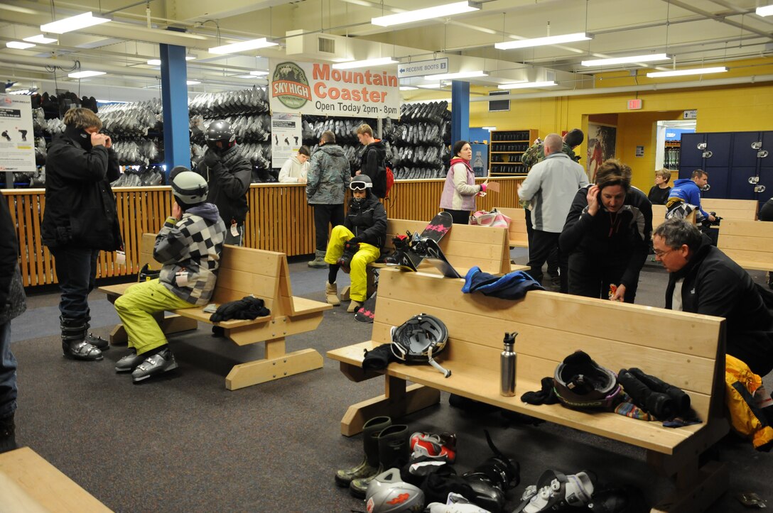 Members of the 914th Airlift Wing try on equipment from the ski rental at Holiday Valley Ski Resort in Ellicottville, New York on Feb 16, 2015. Personnel were participating in a 914th AW sponsored event. (U.S. Air Force photo by Staff Sgt. Matthew Burke)
