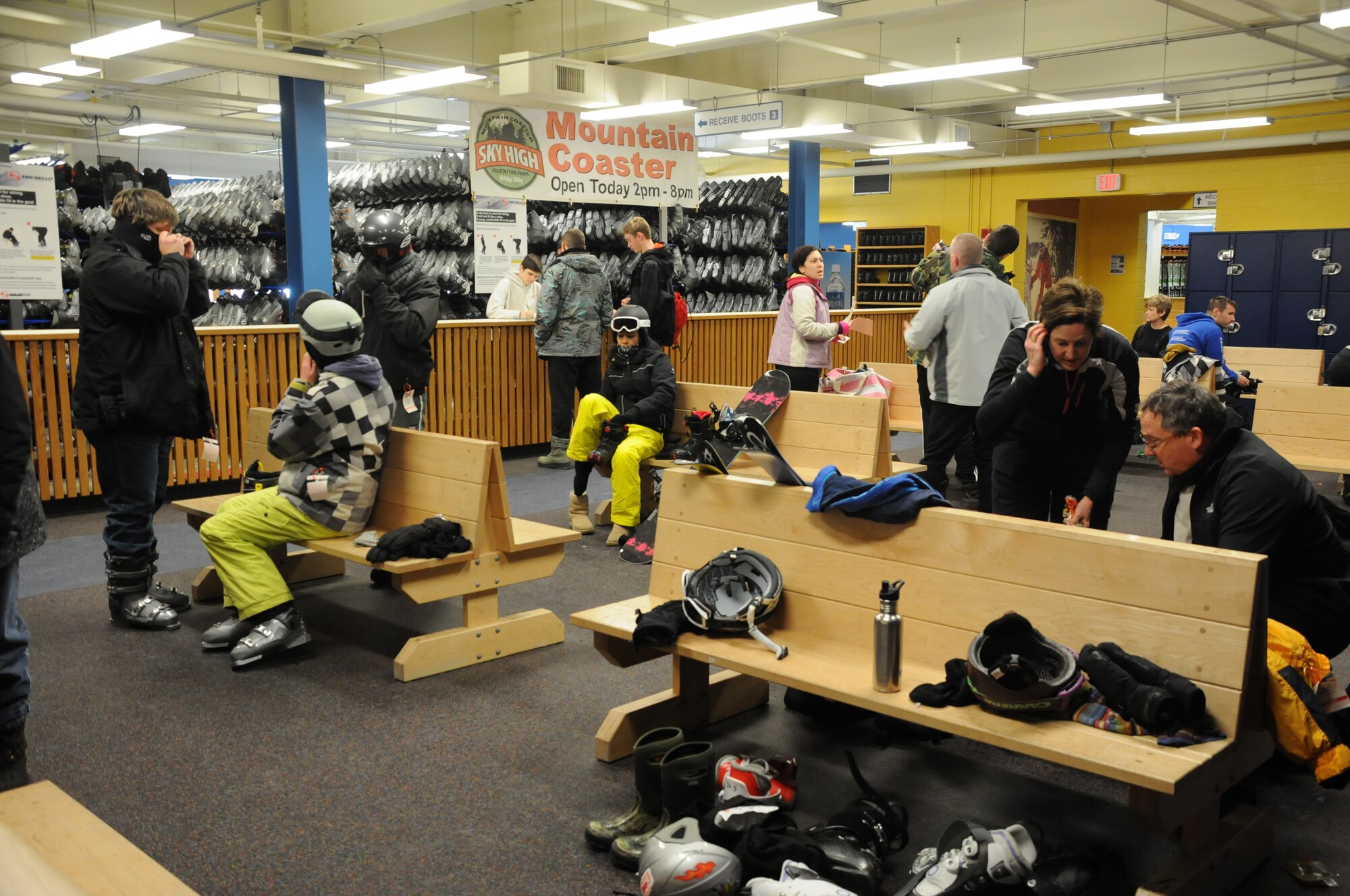Members of the 914th Airlift Wing try on equipment from the ski rental at Holiday Valley Ski Resort in Ellicottville, New York on Feb 16, 2015. Personnel were participating in a 914th AW sponsored event. (U.S. Air Force photo by Staff Sgt. Matthew Burke)