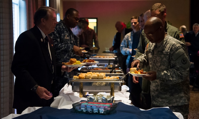 Guests attending the 2015 National Prayer Breakfast were presented with several breakfast options March 11, 2015, at the Red Bank Club on Joint Base Charleston – Weapons Station. All guests were treated to a free breakfast and had a chance to listen to speakers read scripture readings from different religions. (U.S. Air Force photo/Airman 1st Class Clayton Cupit)