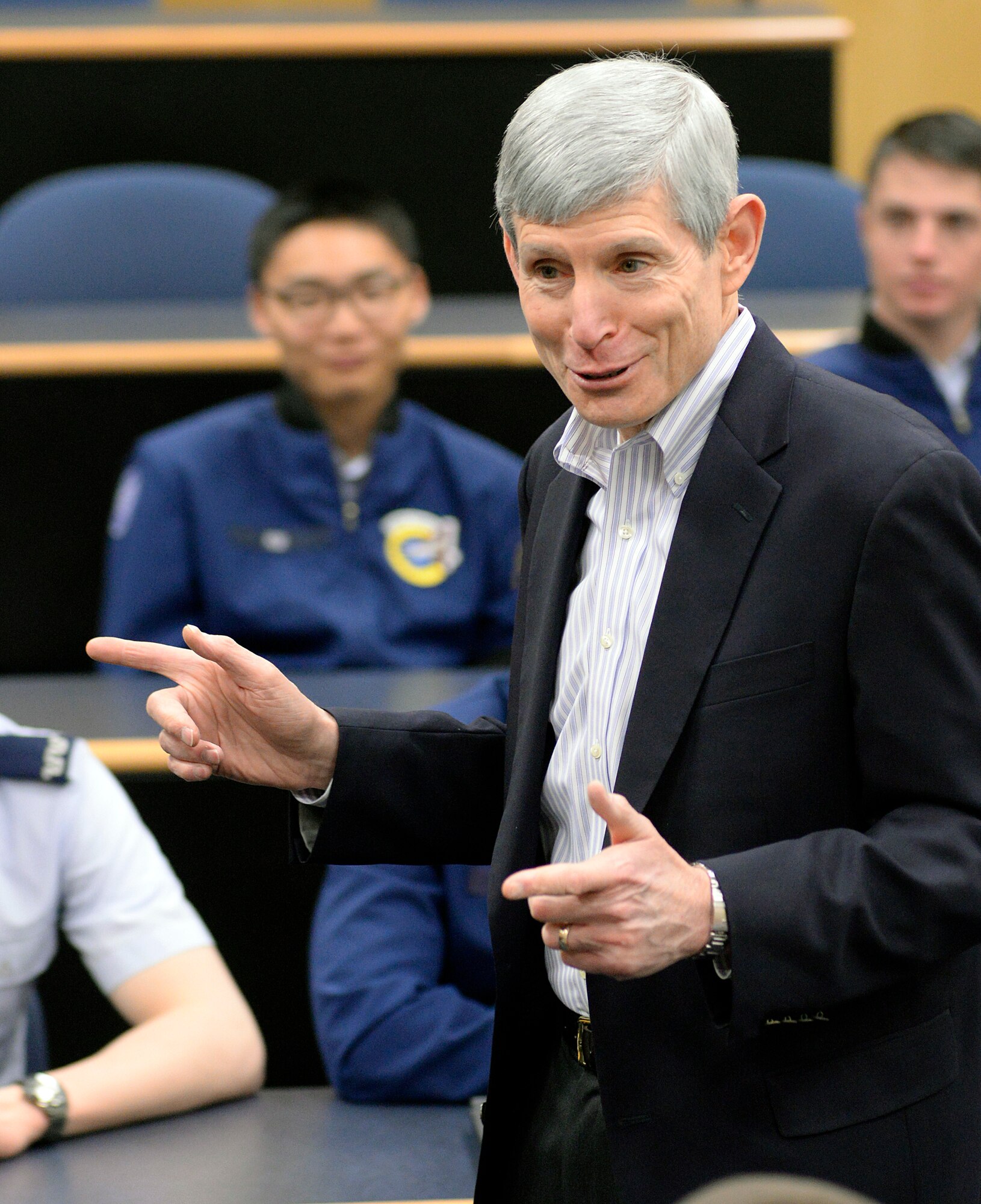 Retired Gen. Norton Schwartz, former chief of staff of the Air Force, speaks to cadets taking History 100 at the Academy March 10, 2015. Schwartz participated in the Academy History Department's Distinguished Professional-in-Residence program, which brings key Air Force leaders - traditionally Academy graduates - to speak to first year cadets about his or her time in the Air Force and as a cadet. (U.S. Air Force photo/Mike Kaplan)