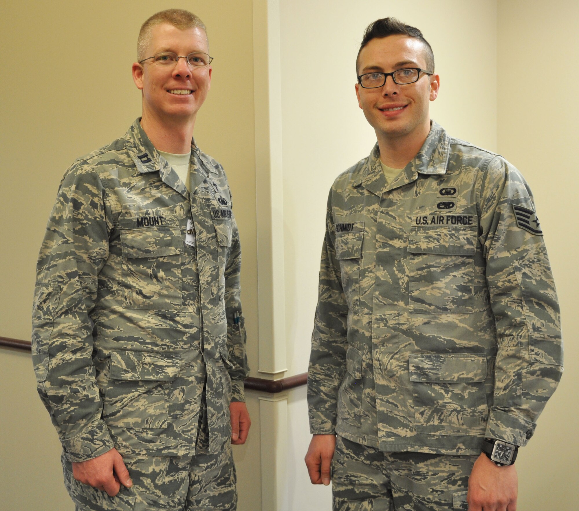 (Left to right) Chaplain (Capt.) Paul Mount, 931st Air Refueling Group chaplain, and Staff Sgt. Michael Schmidt, 931st ARG chaplain assistant, pose for a photo during the March Unit Training Assembly at McConnell Air Force Base, Kan., March 8, 2015. Though the base chapel is currently under construction, the new 931st ARG Chaplain is ready to assist McConnell’s Reservists and their families. (U.S. Air Force photo by Tech. Sgt. Abigail Klein)