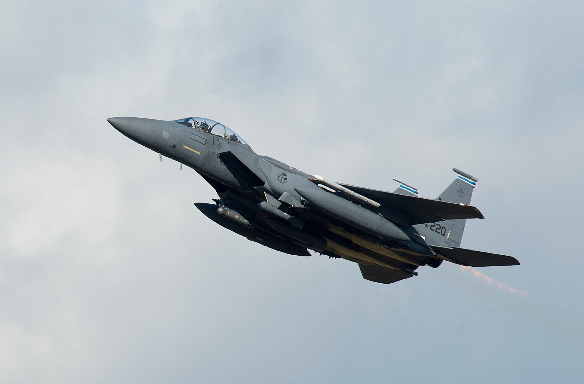 A 48th Fighter Wing F-15E Strike Eagle takes off from Royal Air Force Lakenheath, England, Feb. 24, 2015. The Liberty Wing’s forward presence and ready forces execute missions in support of regional and global operations. Lakenheath aircrews were able to complete 111 percent of their combat mission ready requirements for the month of February. (U.S. Air Force photo by Airman 1st Class Trevor T. McBride/Released)