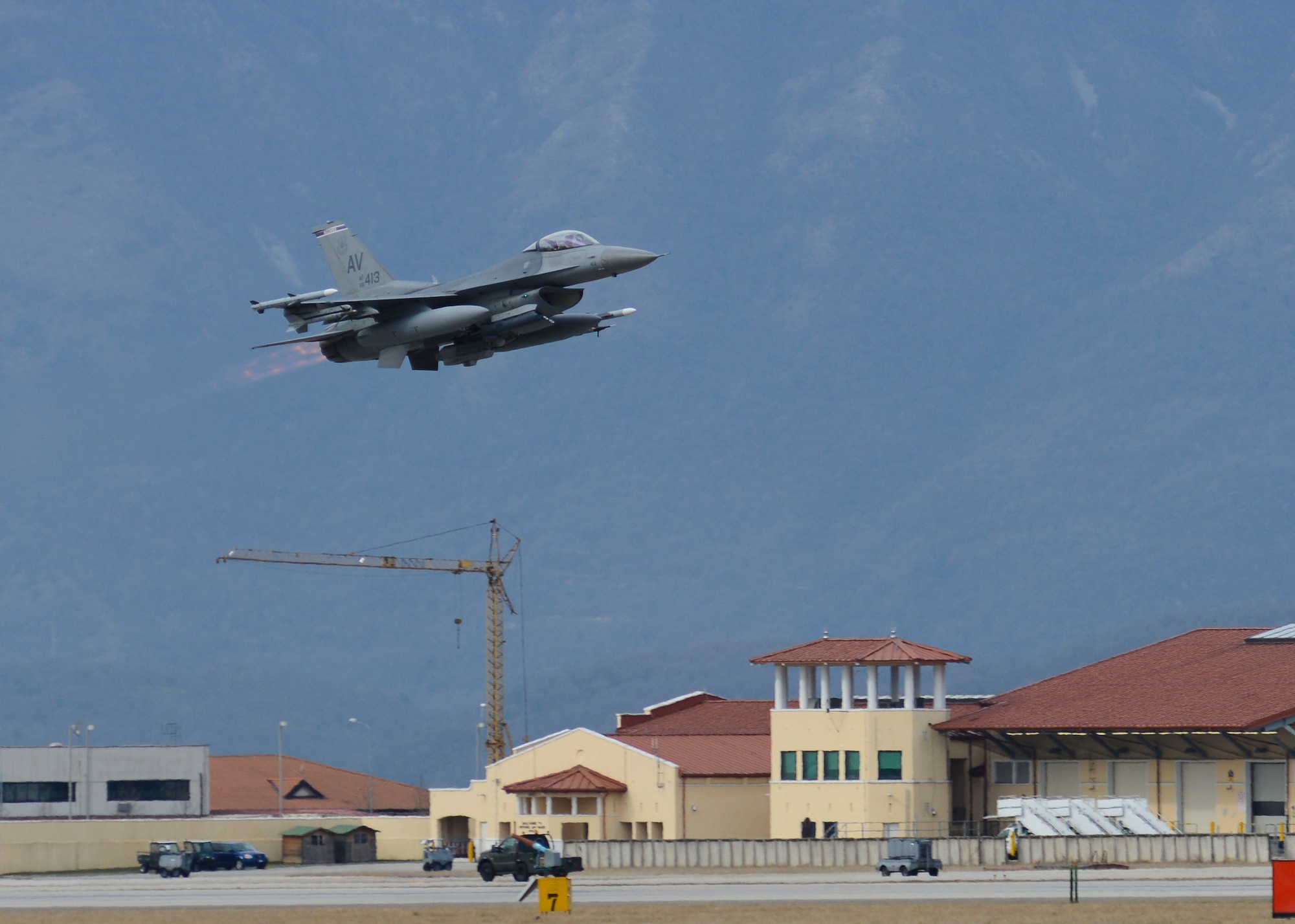 A U.S. Air Force F-16 Fighting Falcon from the 510th Fighter Squadron takes off in support of exercise Iron Hand, March 4, 2015, at Aviano Air Base, Italy. The exercise, which included aircraft from Aviano and RAF Base Mildenhall, England, was designed to enhance interoperability. (U.S. Air Force photo by Senior Airman Austin Harvill/Released)